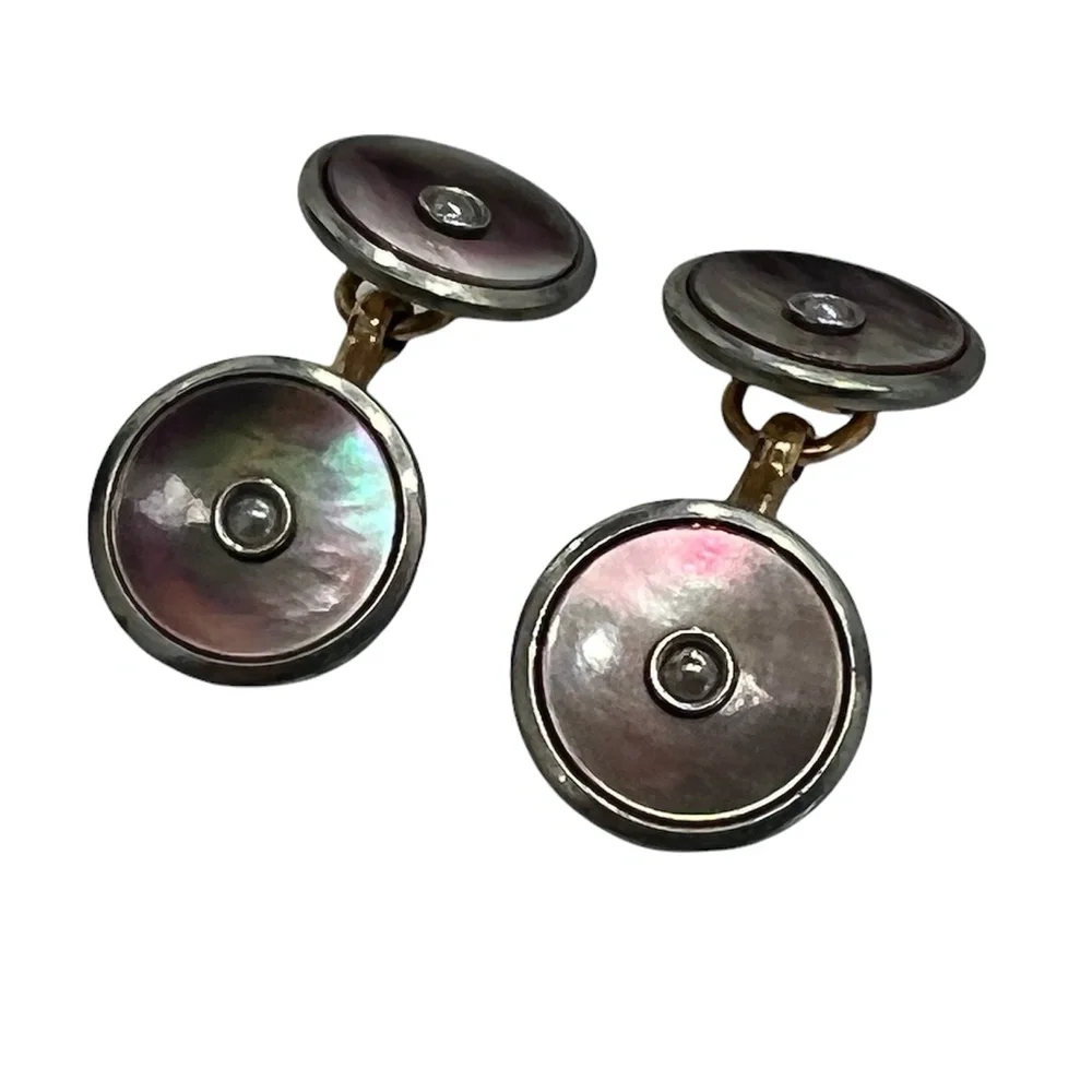 ANTIQUE LARTER & SONS MOTHER OF PEARL/ABALONE ROLLED GOLD DOUBLE SIDED CUFFLINKS